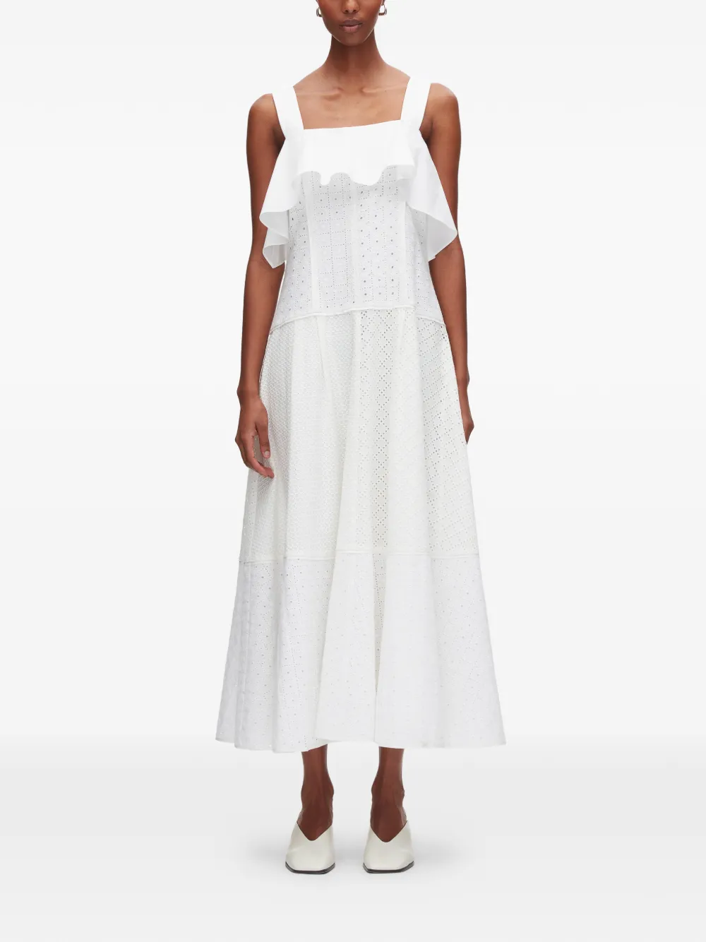 3.1 Phillip Lim Midi-jurk met ruches en vlakken Wit
