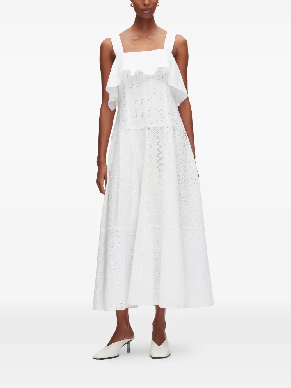 3.1 Phillip Lim Midi-jurk met ruches en vlakken Wit