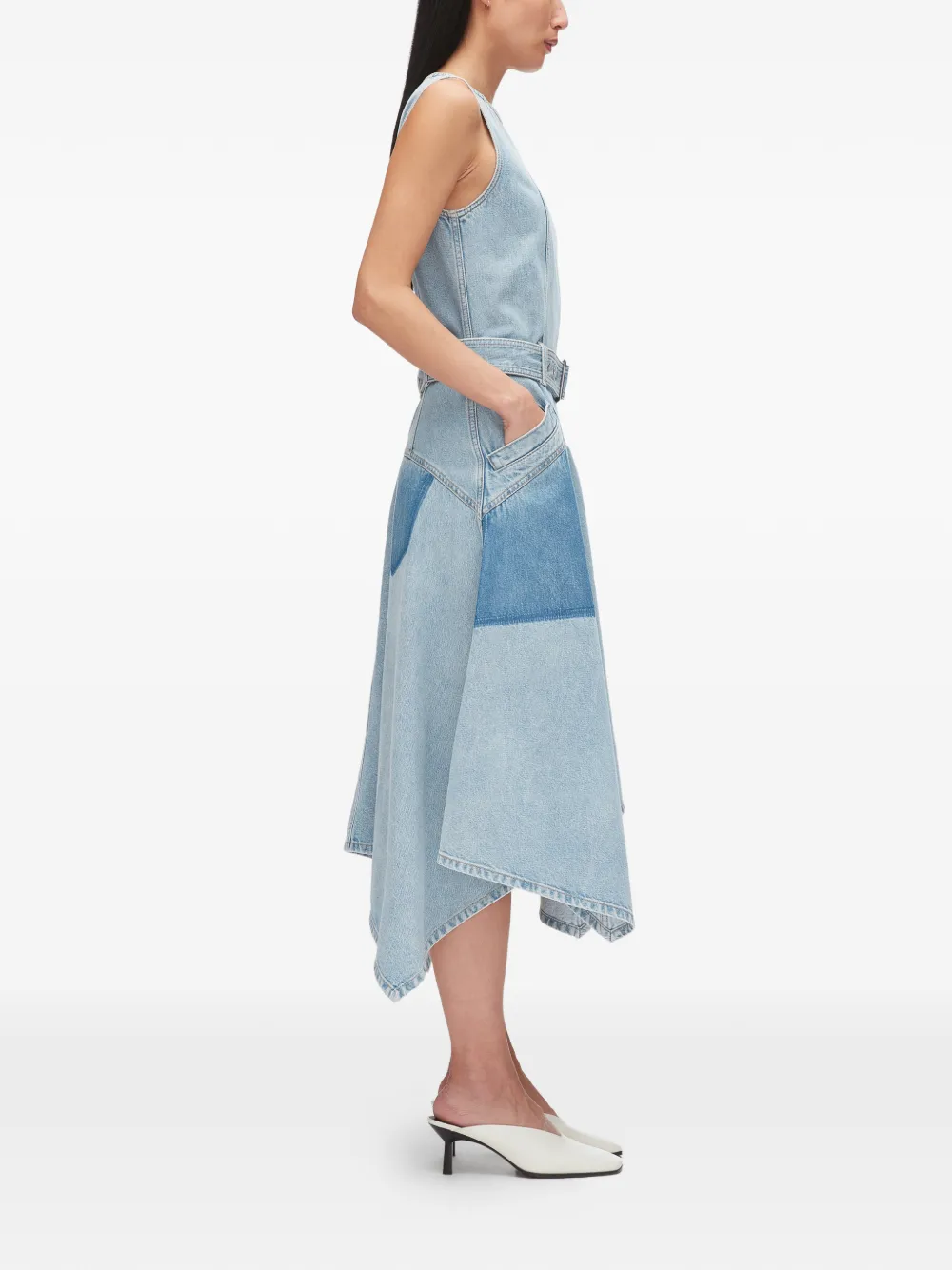 3.1 Phillip Lim Katoenen midi-jurk met patchwork en ceintuur Blauw