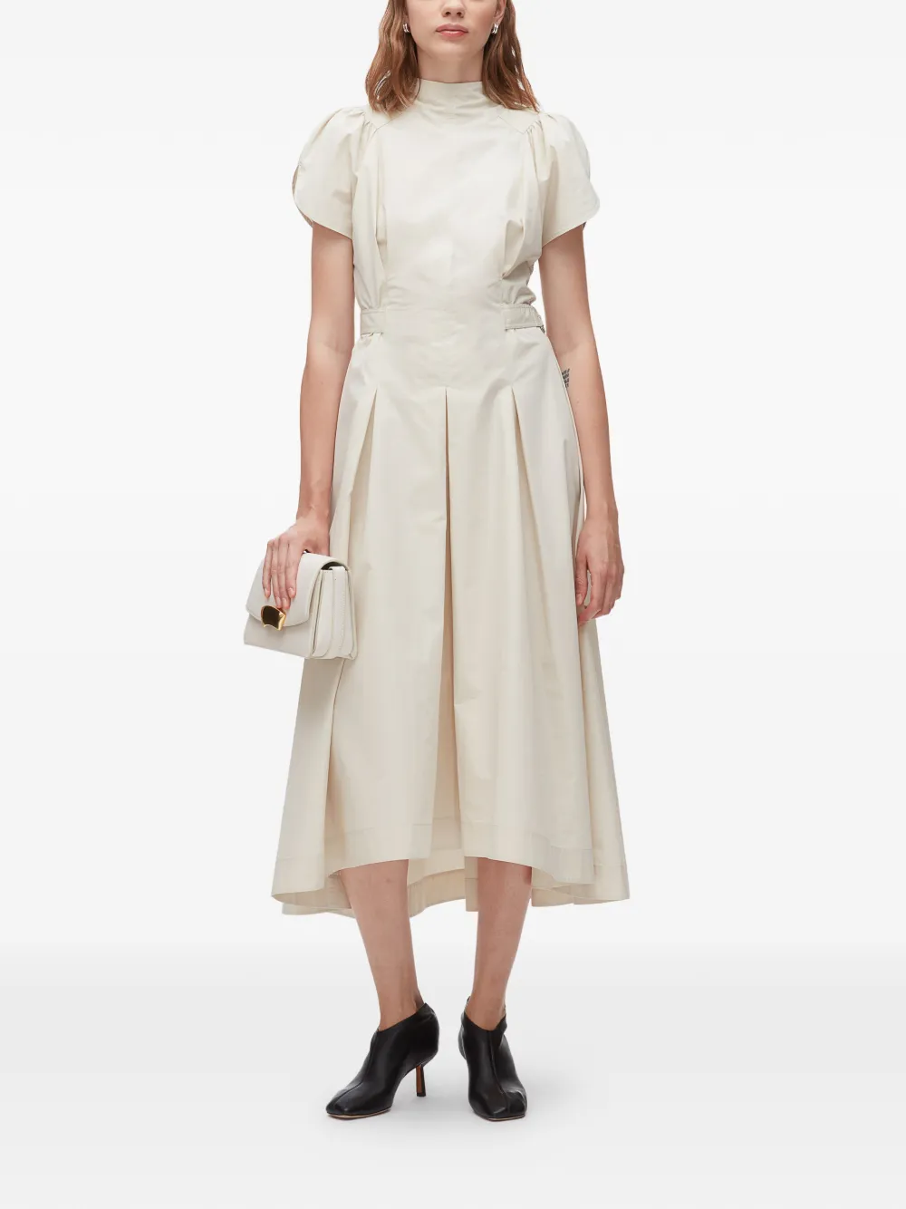 Puff-Sleeves Pleated Midi Dress