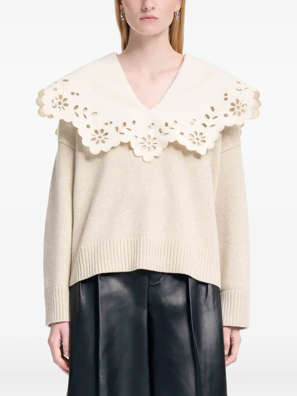 Broderie Anglaise V-Neck Sweater