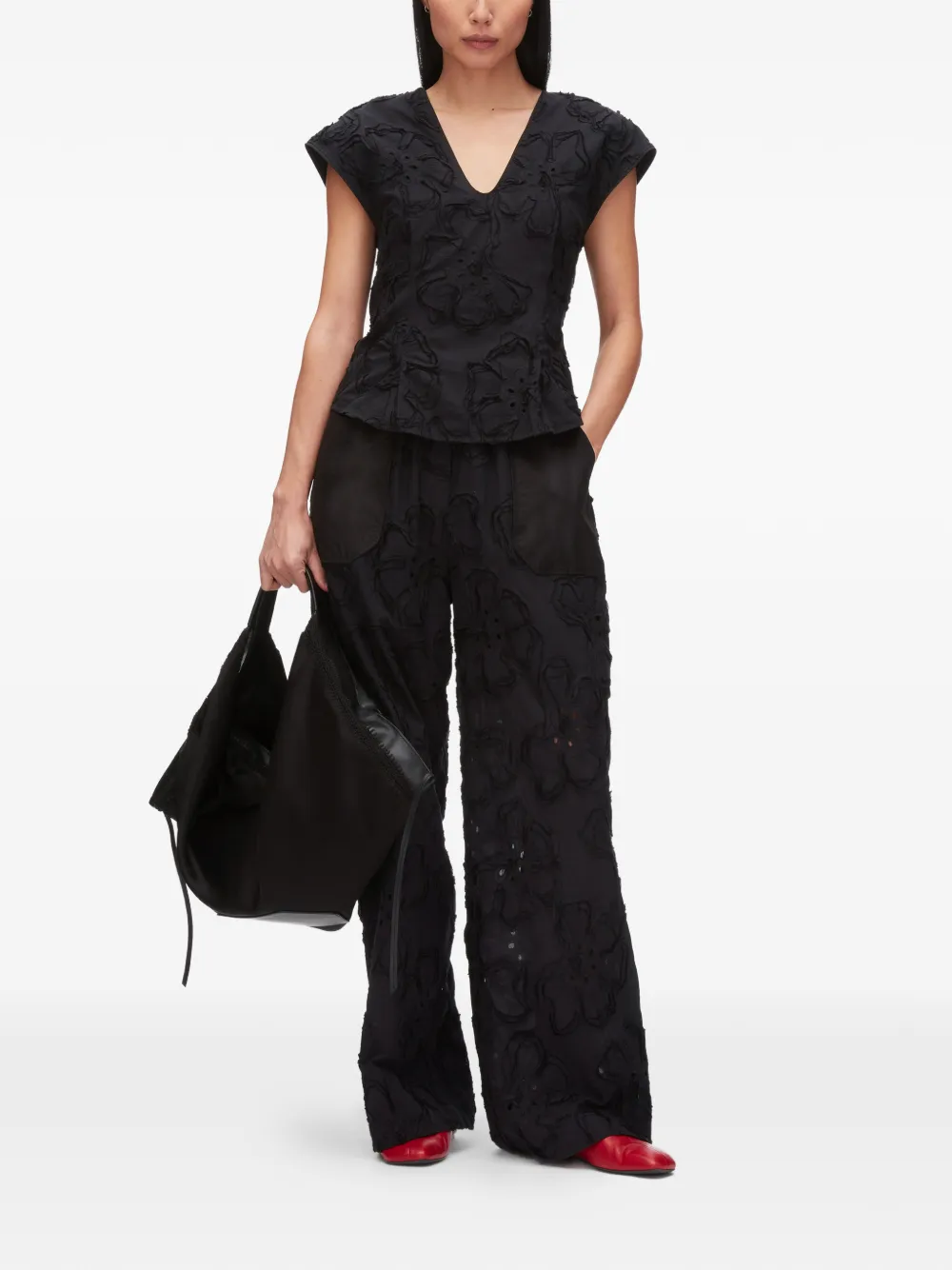  3.1 Phillip Lim Floral V-neck Blouse - Black 