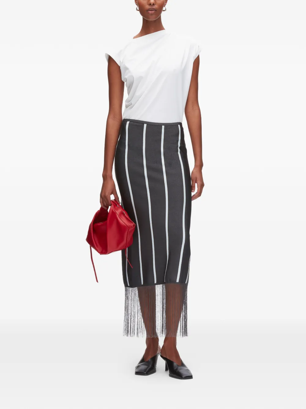 Striped Fringed Midi Skirt