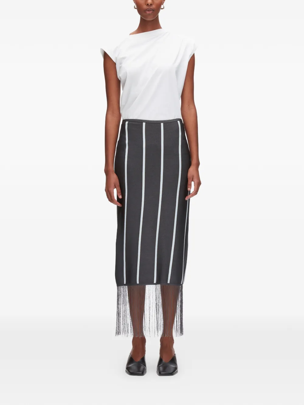 Striped Fringed Midi Skirt
