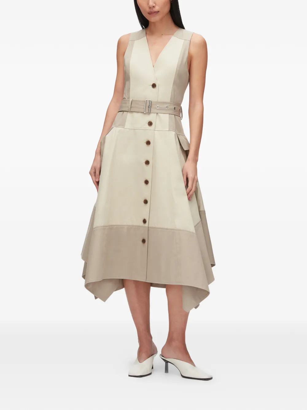 3.1 Phillip Lim Katoenen midi-jurk met ceintuur en knoop Beige