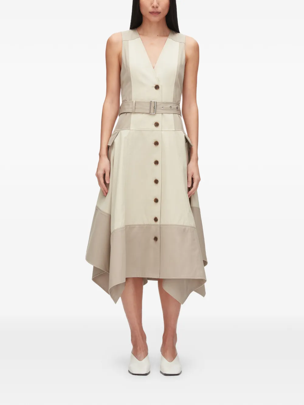 3.1 Phillip Lim Katoenen midi-jurk met ceintuur en knoop Beige