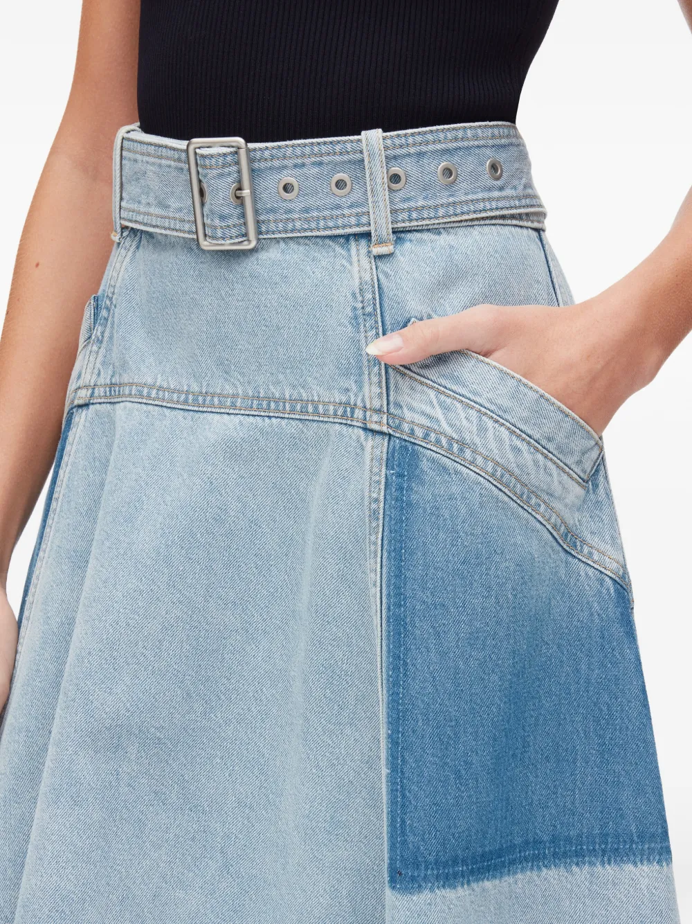 Patchwork Belted Midi Skirt