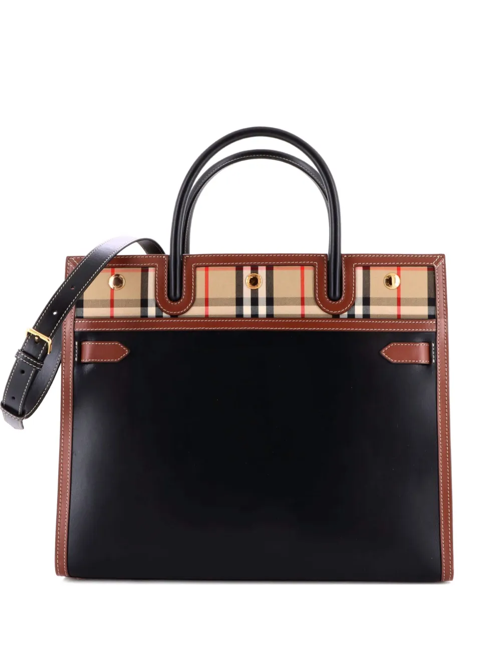 Burberry Pre-Owned Title Two Handle Tote Leather with Vintage Check Canvas Medium satchel - Nero