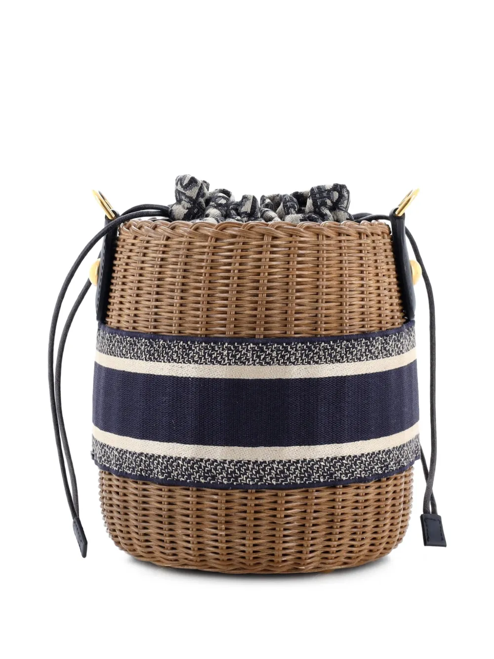 Drawstring Wicker With Oblique Canvas Bucket Bag