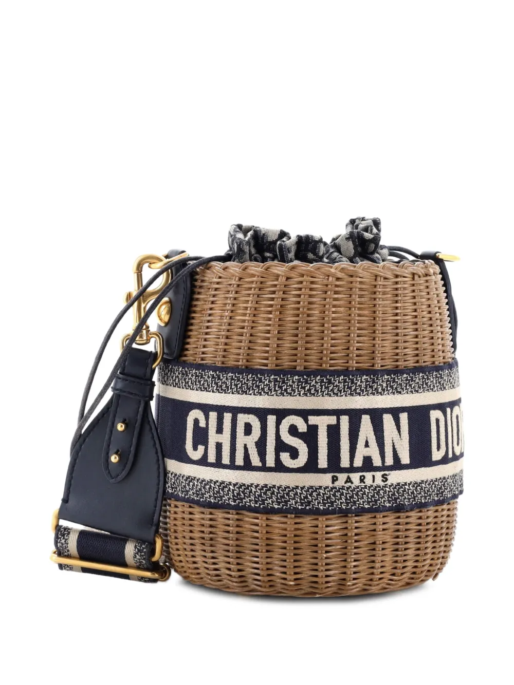 Drawstring Wicker With Oblique Canvas Bucket Bag