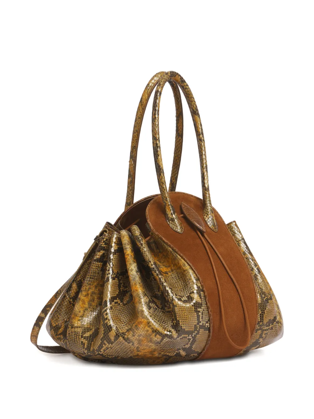 Marni Grote Tulipea leren en suède handtas met python-print Bruin