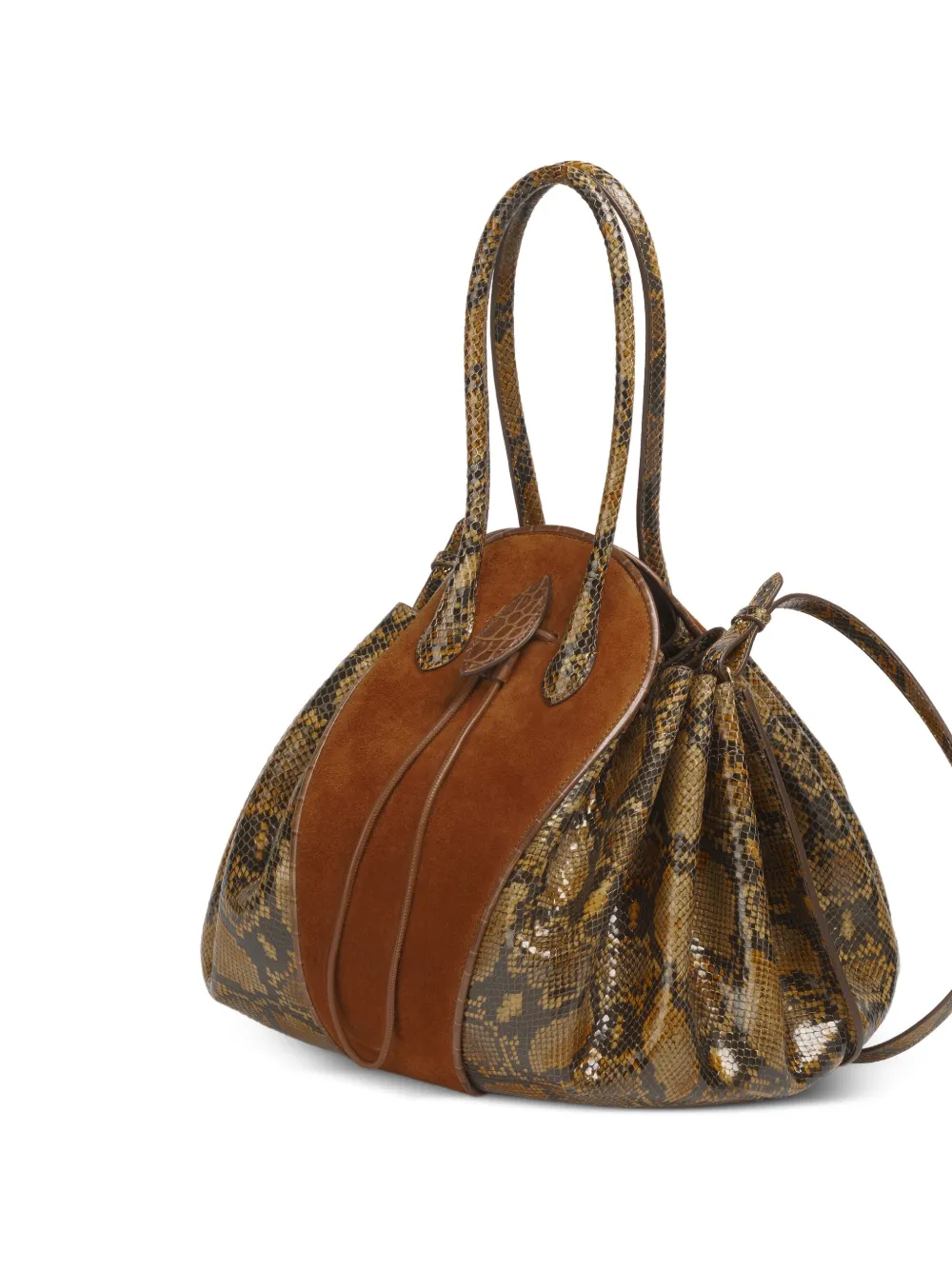 Marni Grote Tulipea leren en suède handtas met python-print Bruin