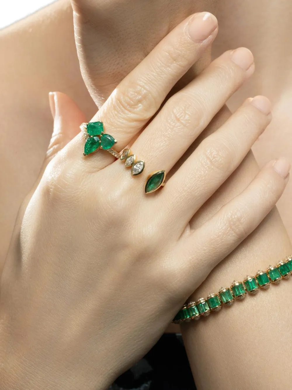 Embellished Emerald And Diamond Marquise Open Ring