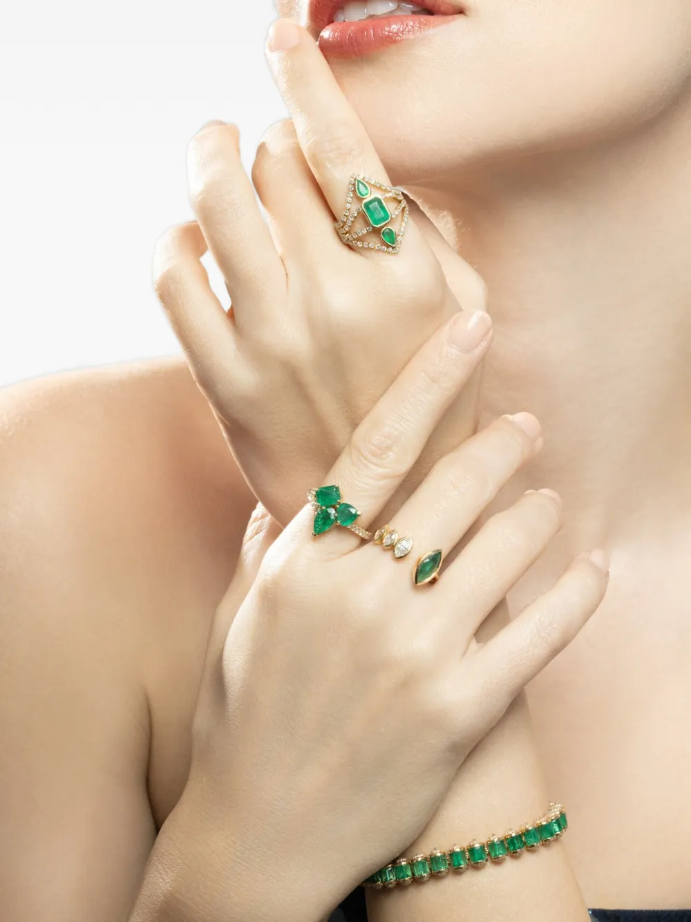  Shay Deco Emerald And Diamond Stacked Ring - Gold 