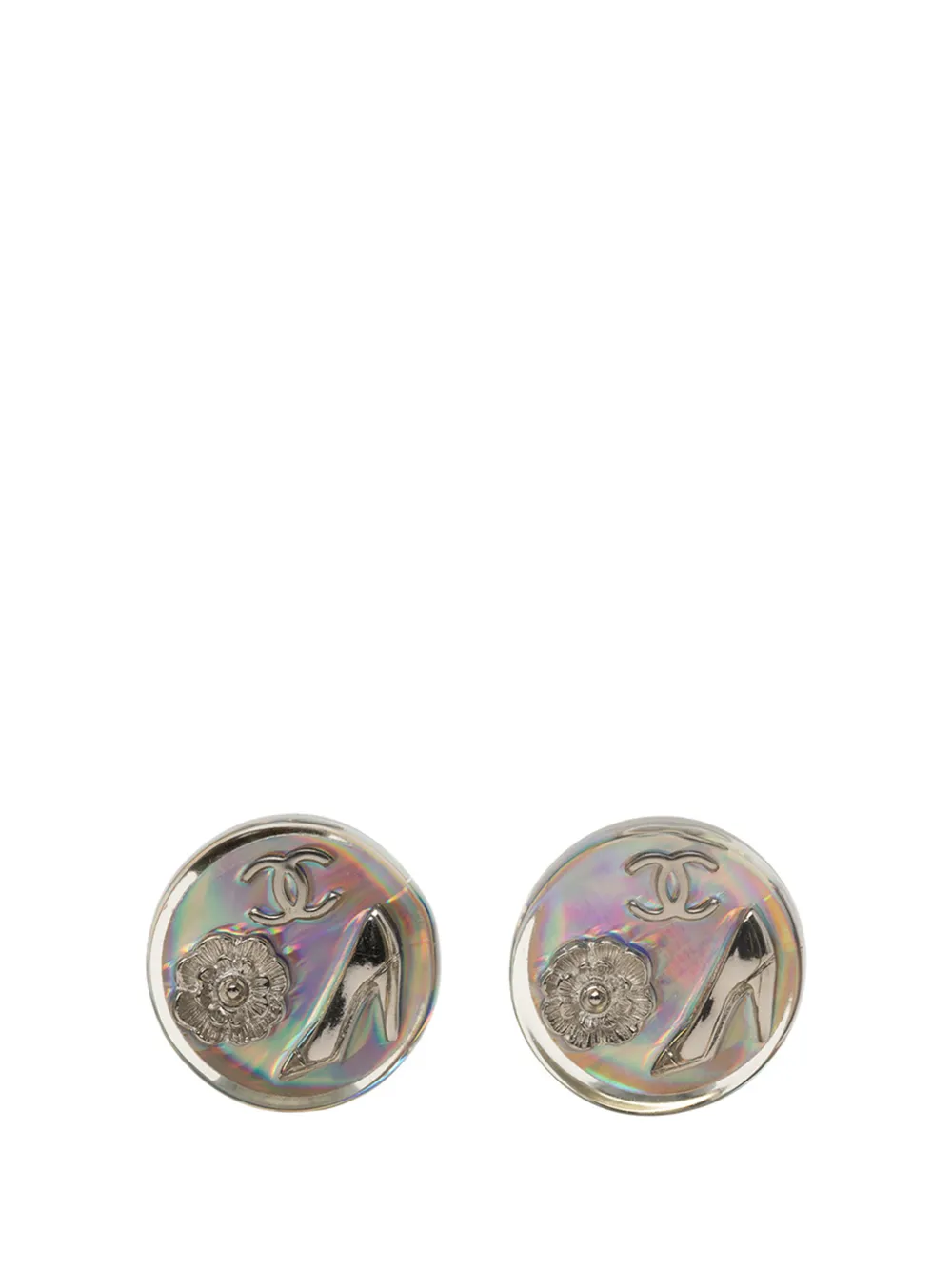 CHANEL Pre-Owned 1997 CC Resin Holographic Camellia Round Clip On Earrings costume earrings - Argento