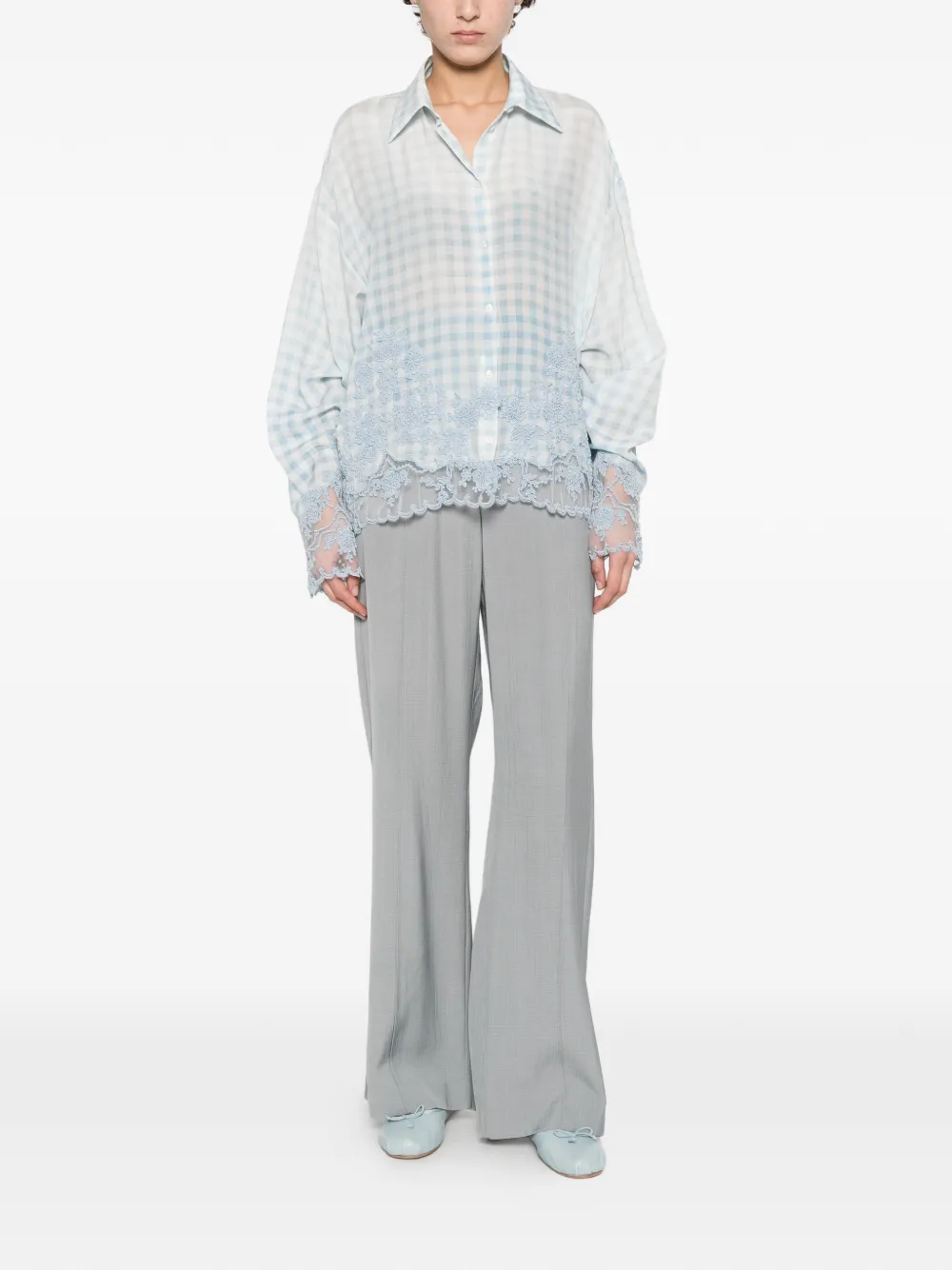 Gingham Floral-Lace Shirt