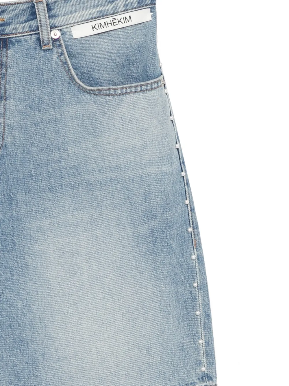 Faux-Pearl Embellished Denim Shorts