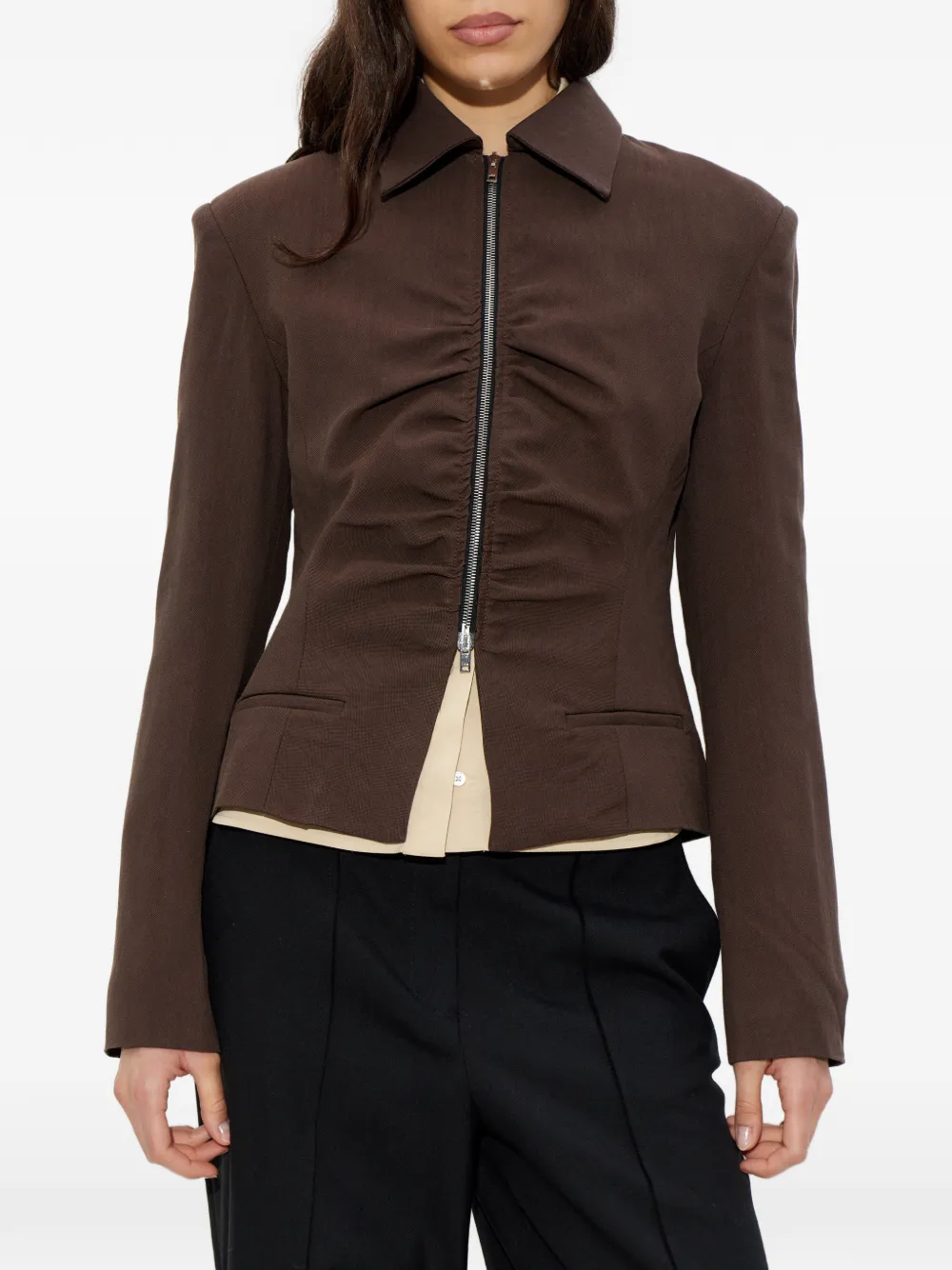  Iro Ruched Zip-up Jacket - Brown 
