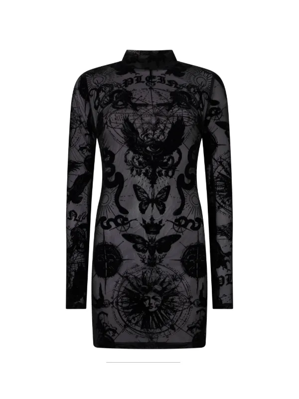 PHILIPP PLEIN - Long Sleeve Mini Dress Flock Butterfly Tattoo - Black