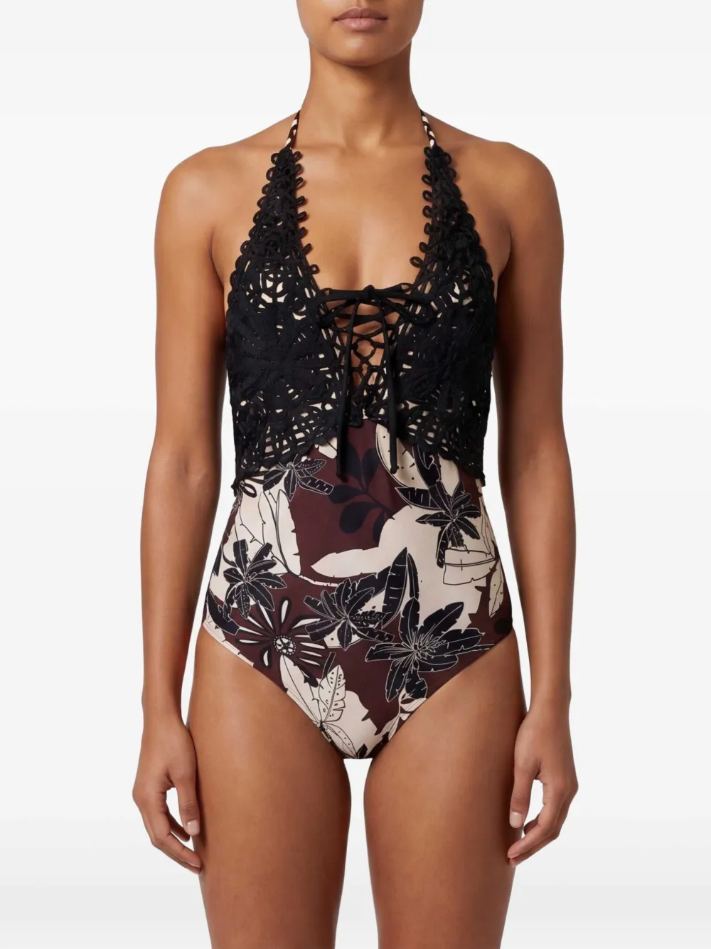 TWINSET Badpak met geborduurde bloemen Bruin