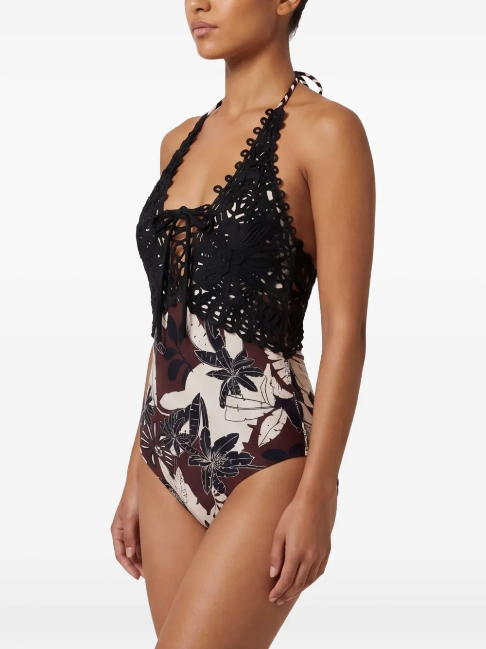 TWINSET Badpak met geborduurde bloemen Bruin