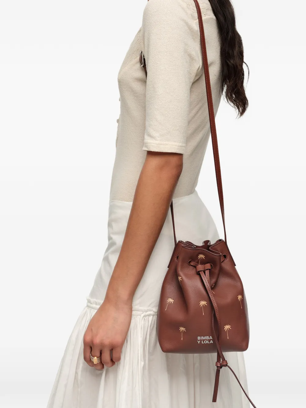 Small Palm-Tree Print Drawstring Bucket Bag