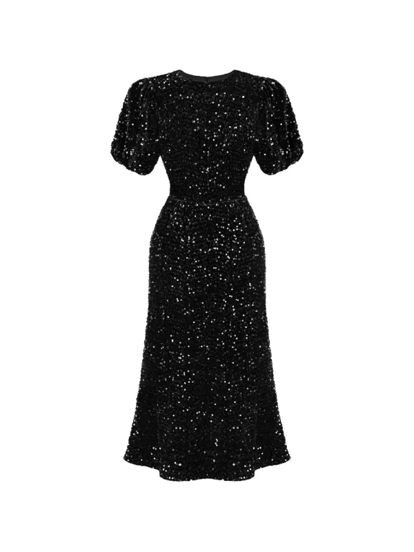 puff sleeve sequin midi dress Stretch Sequin Floral Puff Sleeve Midi Dress Blush