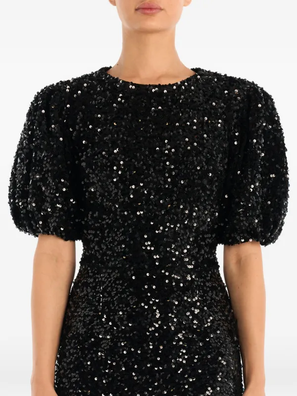sequin puff sleeve midi dress Sequin V-neck Puff Sleeve Ruched Midi Sheath Dress