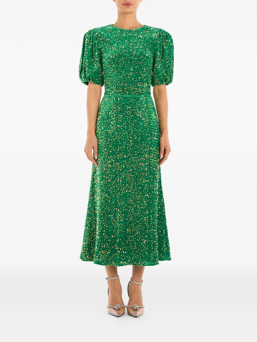 Sequin-Embellished Puff-Sleeve Midi Dress