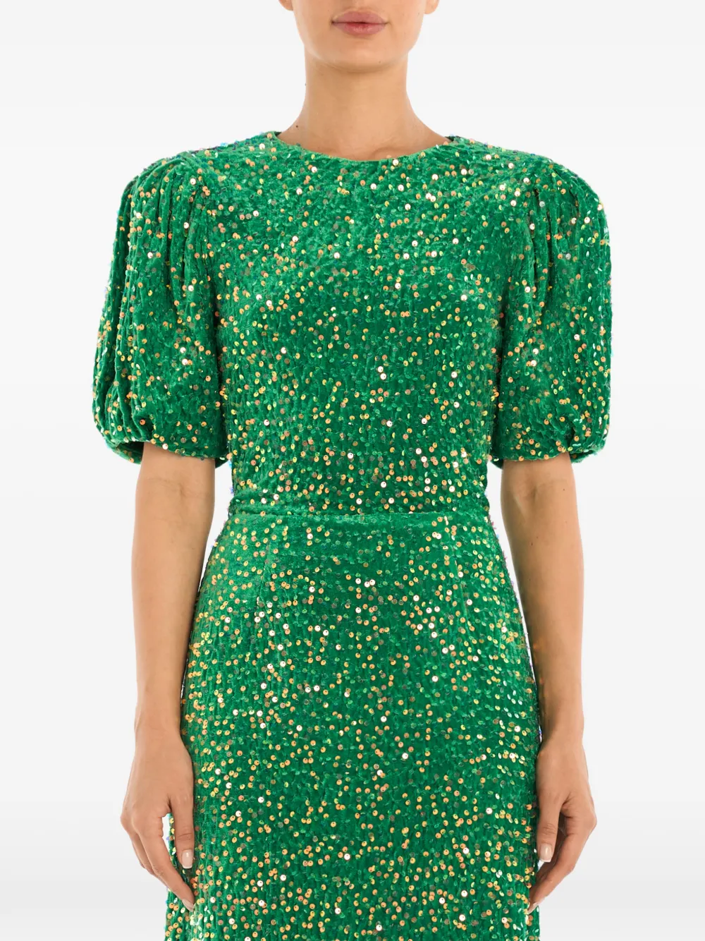 Sequin-Embellished Puff-Sleeve Midi Dress
