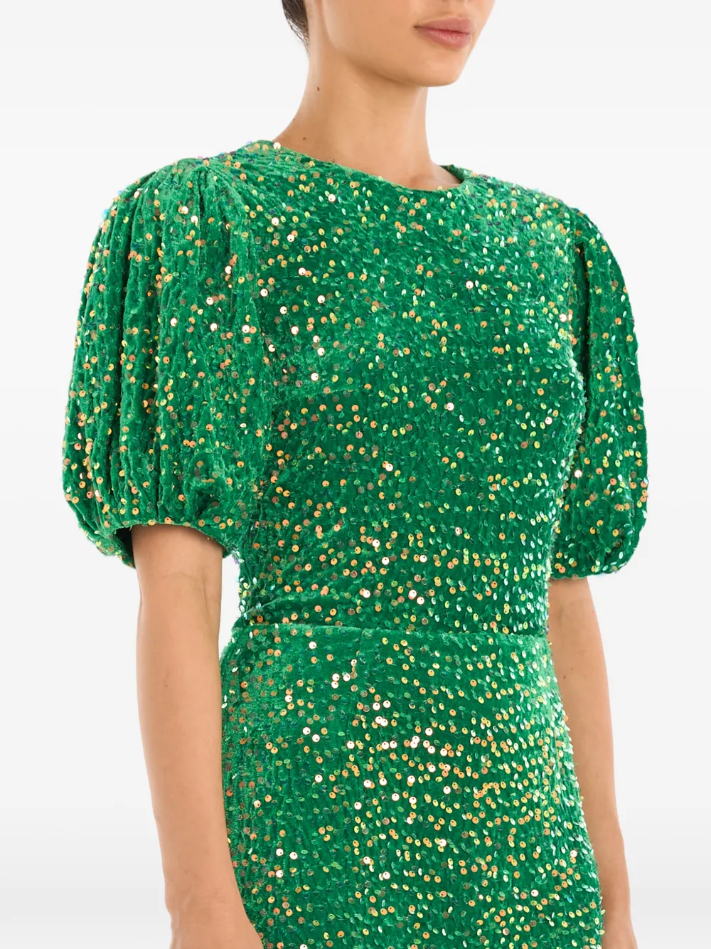 Sequin-Embellished Puff-Sleeve Midi Dress