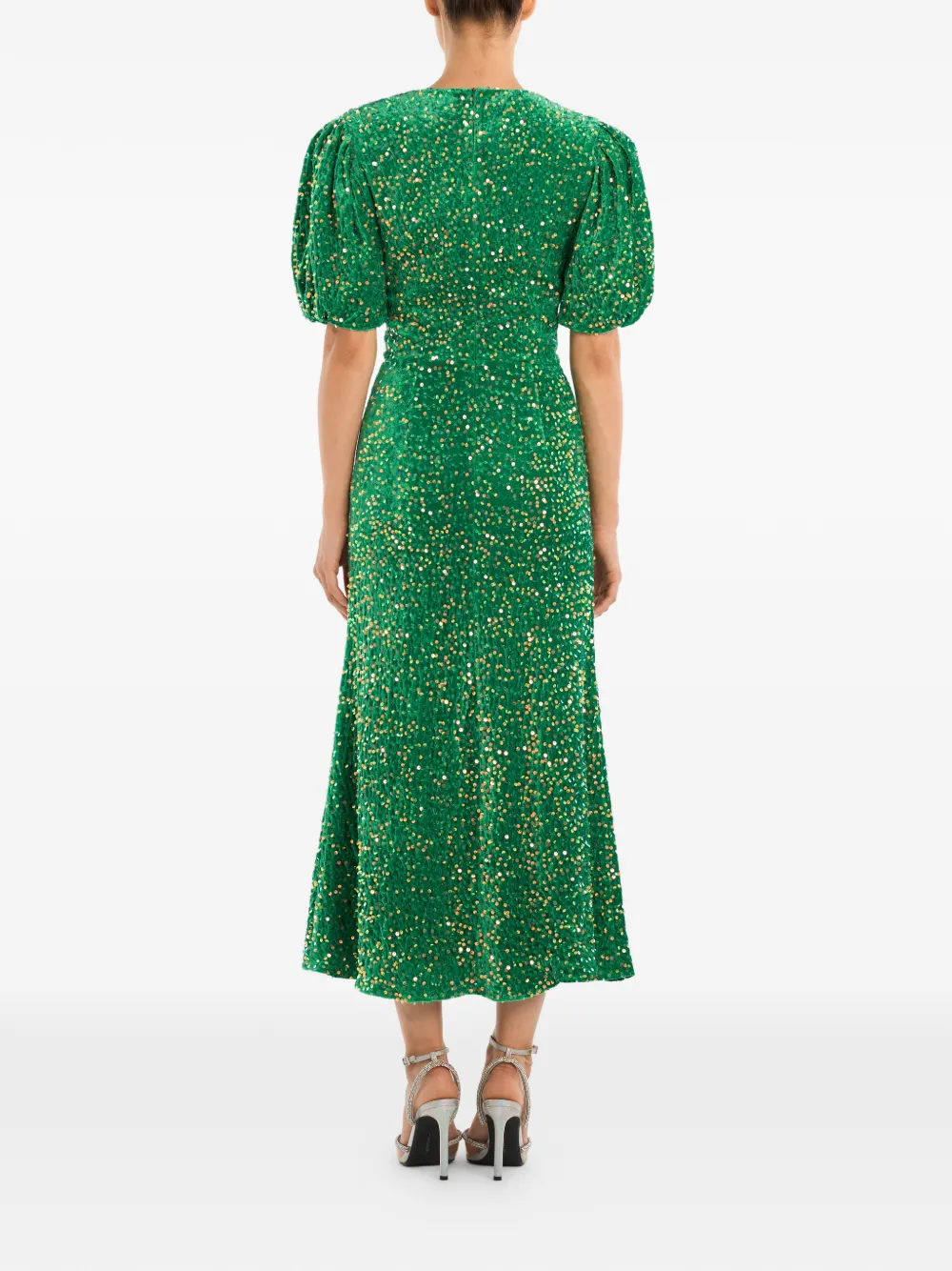 Sequin-Embellished Puff-Sleeve Midi Dress