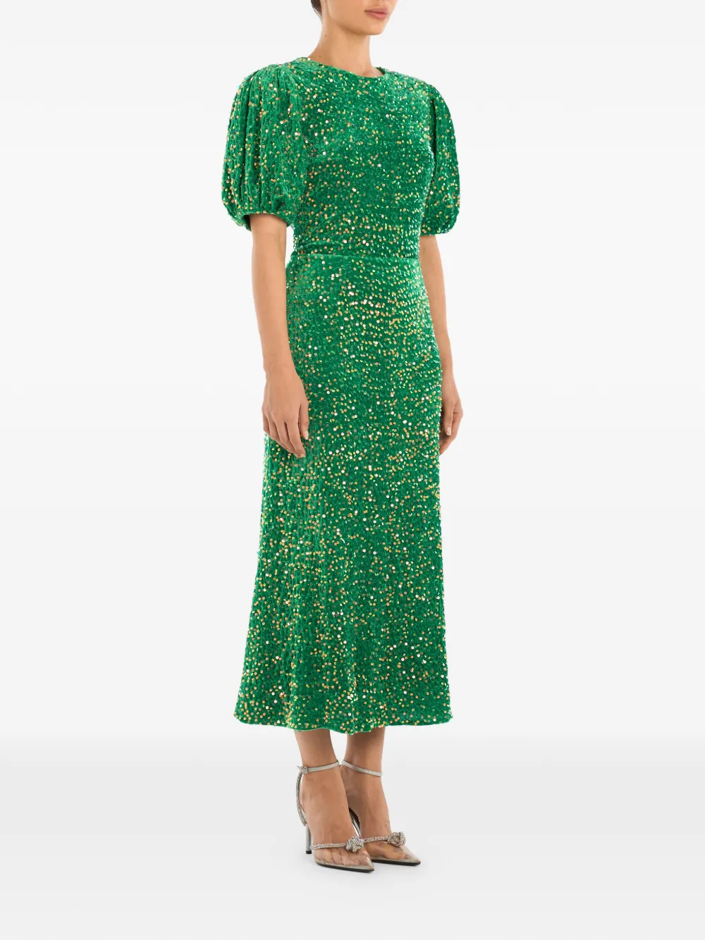 Sequin-Embellished Puff-Sleeve Midi Dress