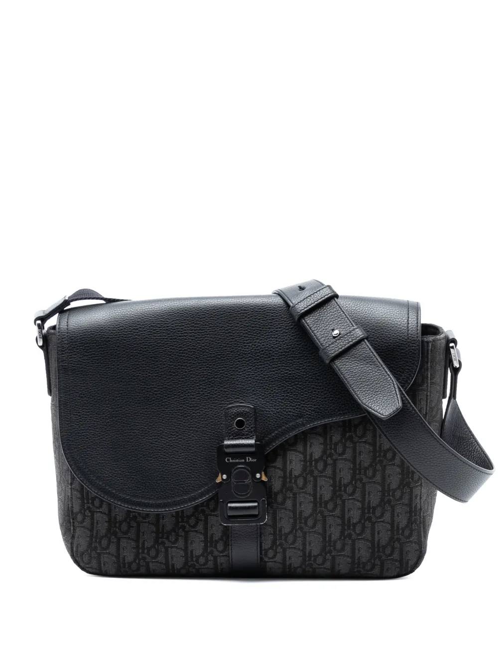 Christian Dior Pre-Owned 2023 Medium Oblique Canvas and Grained Calfskin Saddle Messenger Bag with Flap crossbody bag - Nero