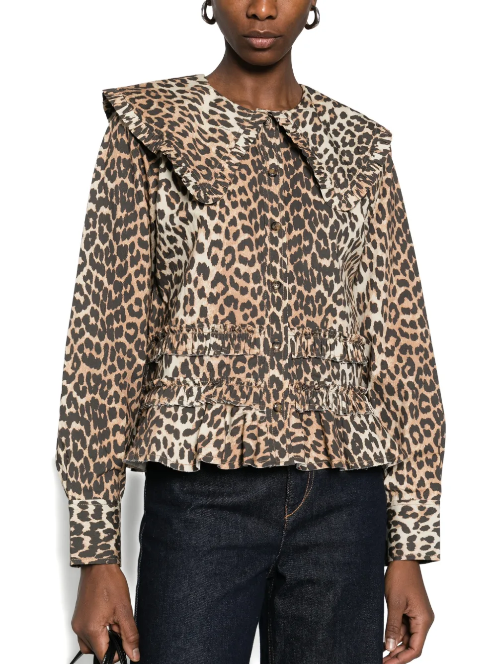 GANNI Blouse met luipaardprint en ruches Bruin