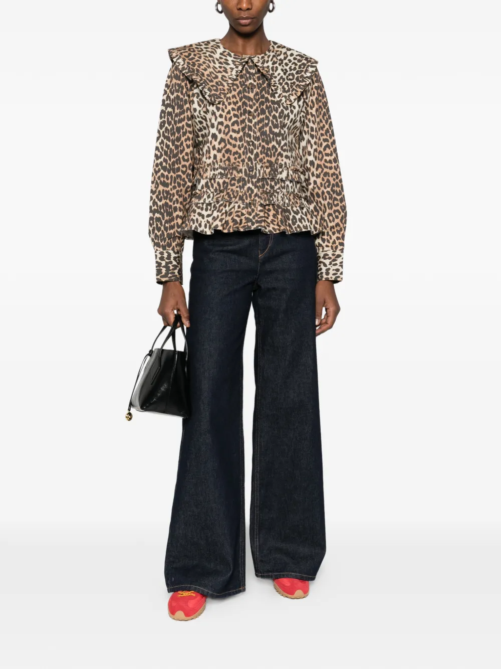  Ganni Ruffled Leopard-print Shirt - Brown 