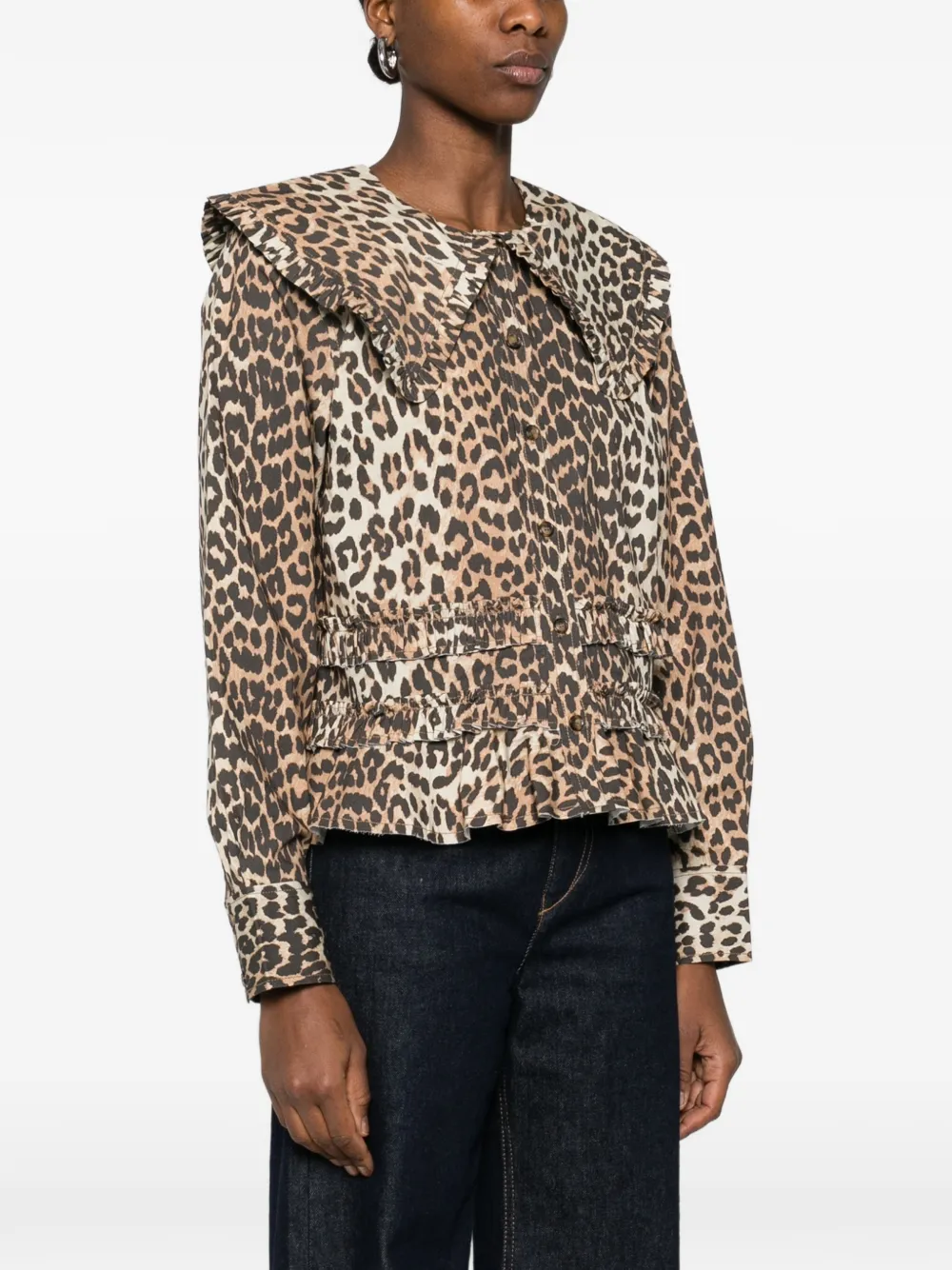  Ganni Ruffled Leopard-print Shirt - Brown 
