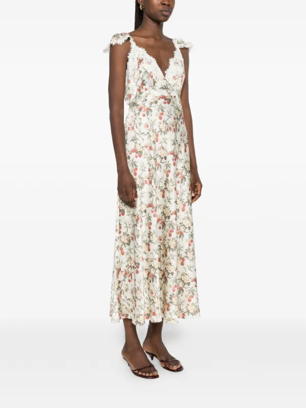 DEN Fiona lace-trim floral-print Midi Dress | Neutrals | FARFETCH