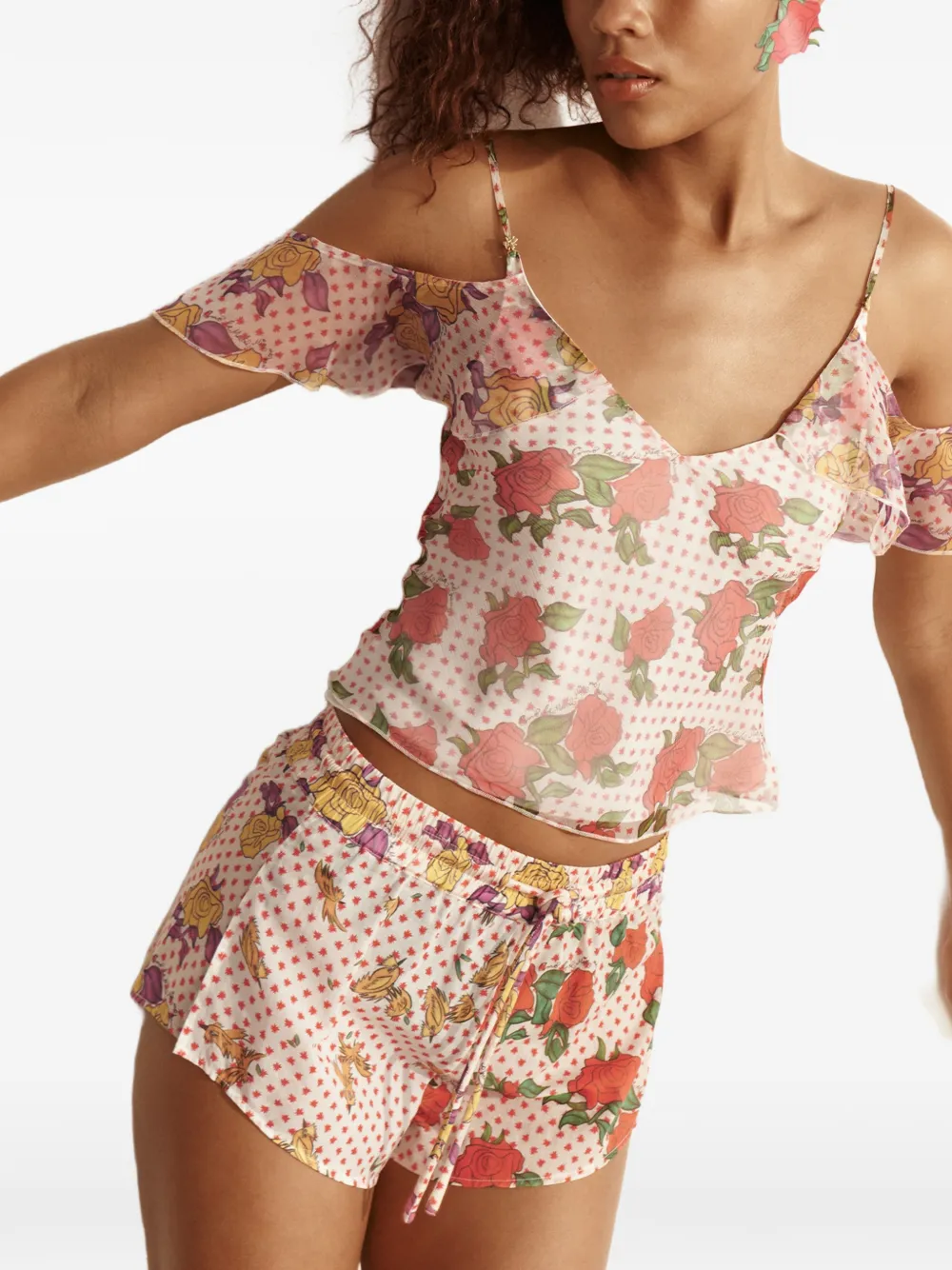 Donde Esteban Pajaritos top met bloemenprint en ruches Beige