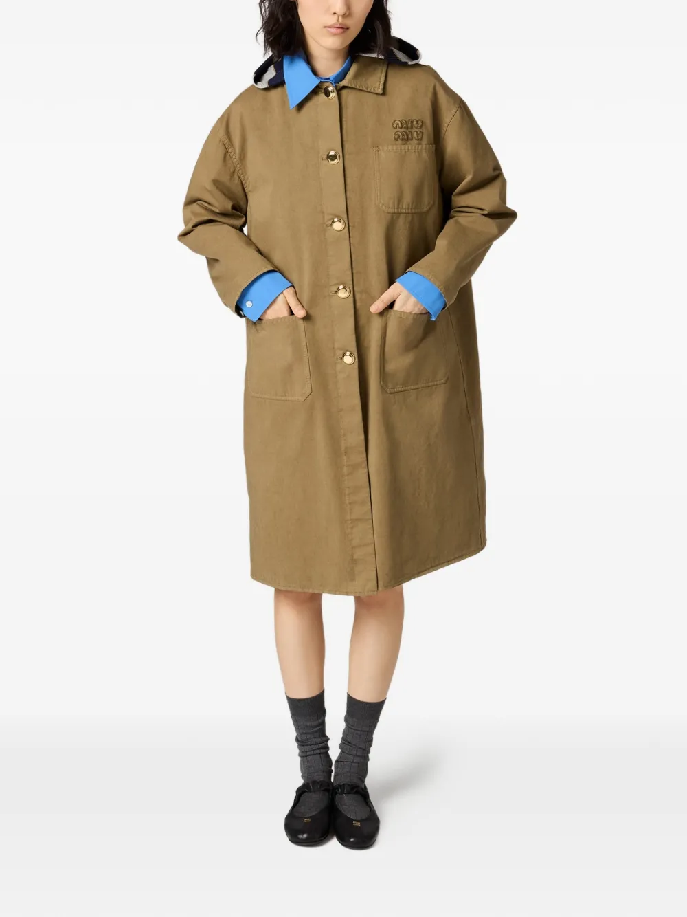  Miu Miu Patch-pocket Embroidered-logo Coat - Brown 