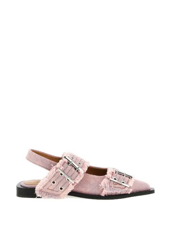 GANNI Buckle Fringed Denim Flat Pumps | Pink | FARFETCH