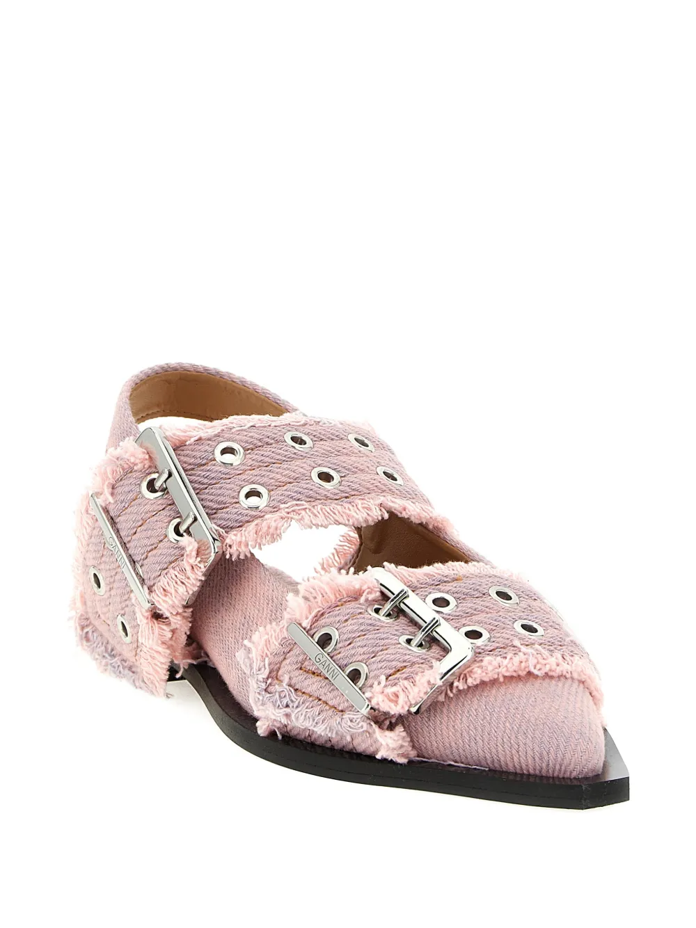 GANNI buckle fringed denim flat pumps Roze