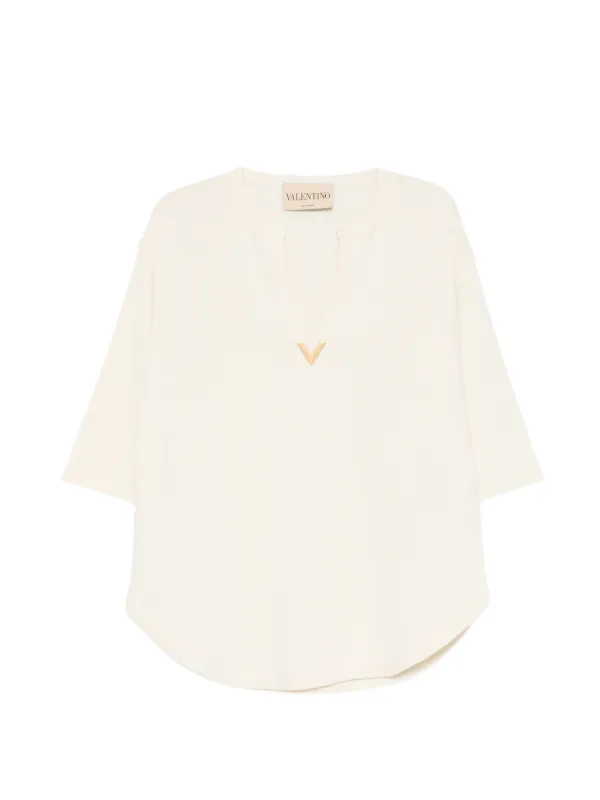 Valentino Garavani Logo-appliqué Knitted Blouse in Neutrals
