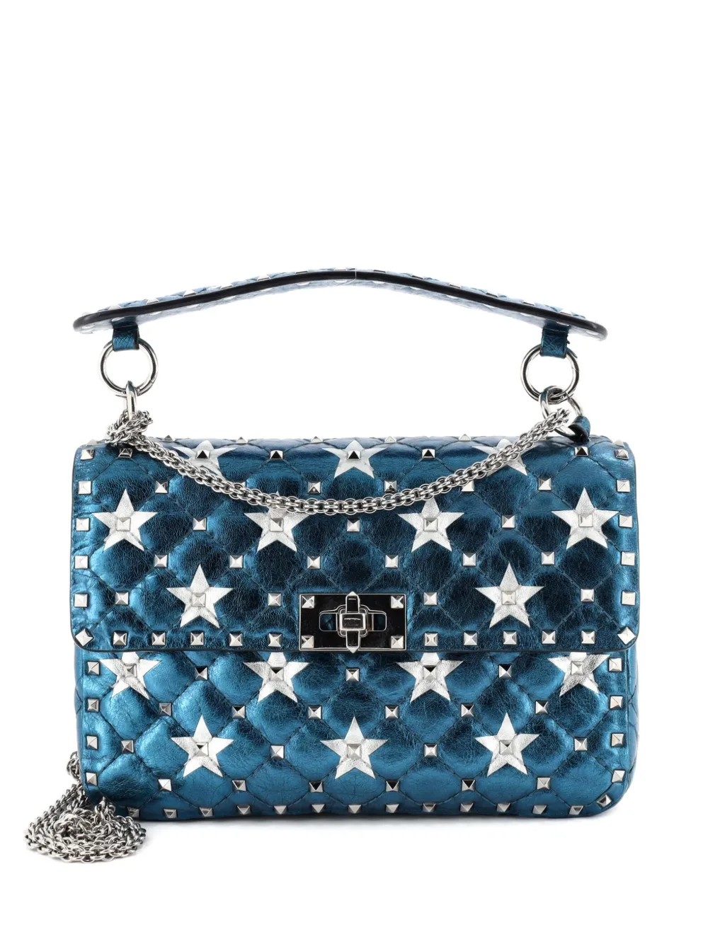 Valentino Garavani Pre-Owned Rockstud Spike Flap Bag Quilted Printed Leather Medium crossbody bag - Blu