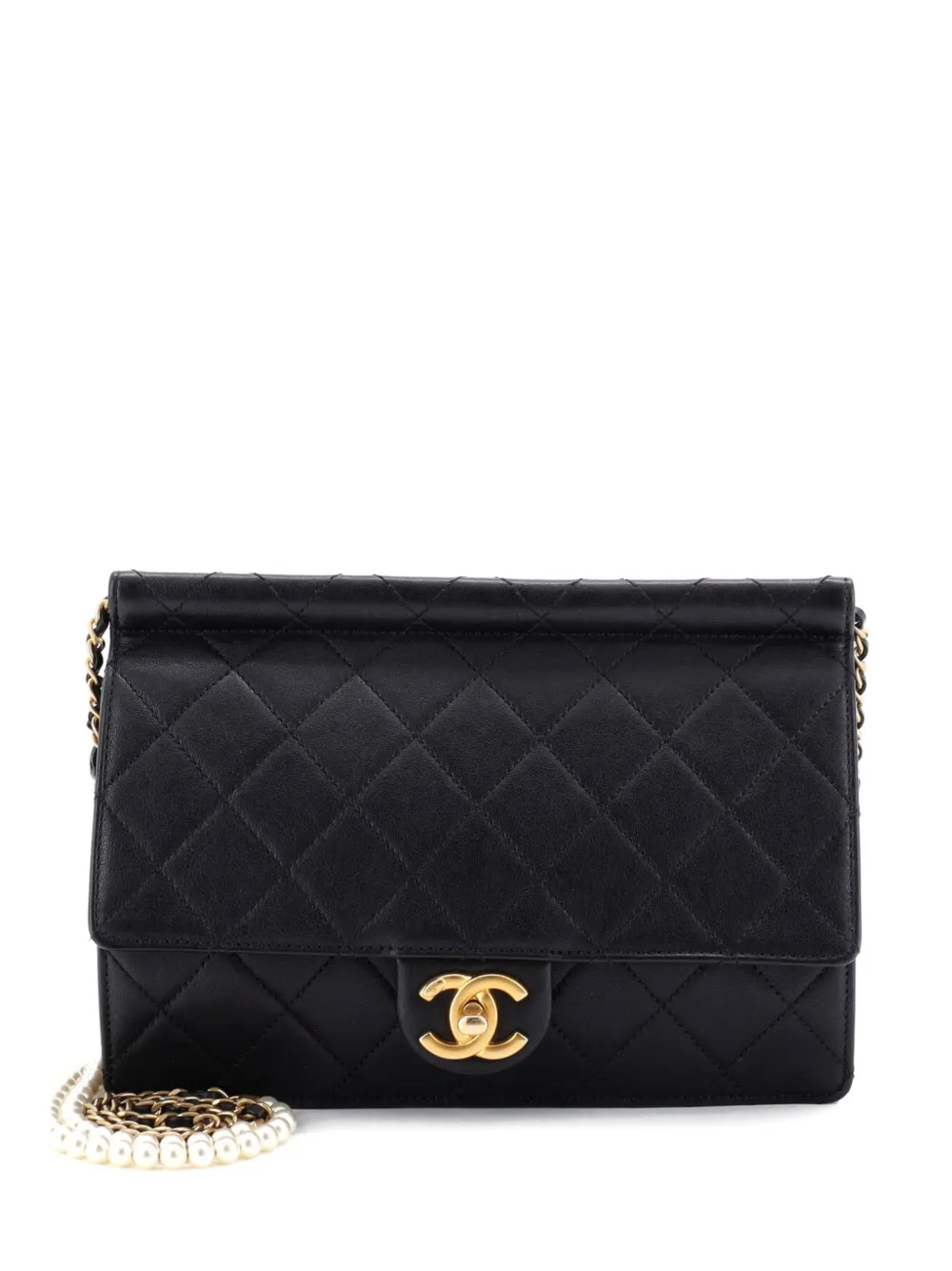 CHANEL Pre-Owned Pearl Chain Flap Bag Quilted Lambskin Large crossbody bag - Nero
