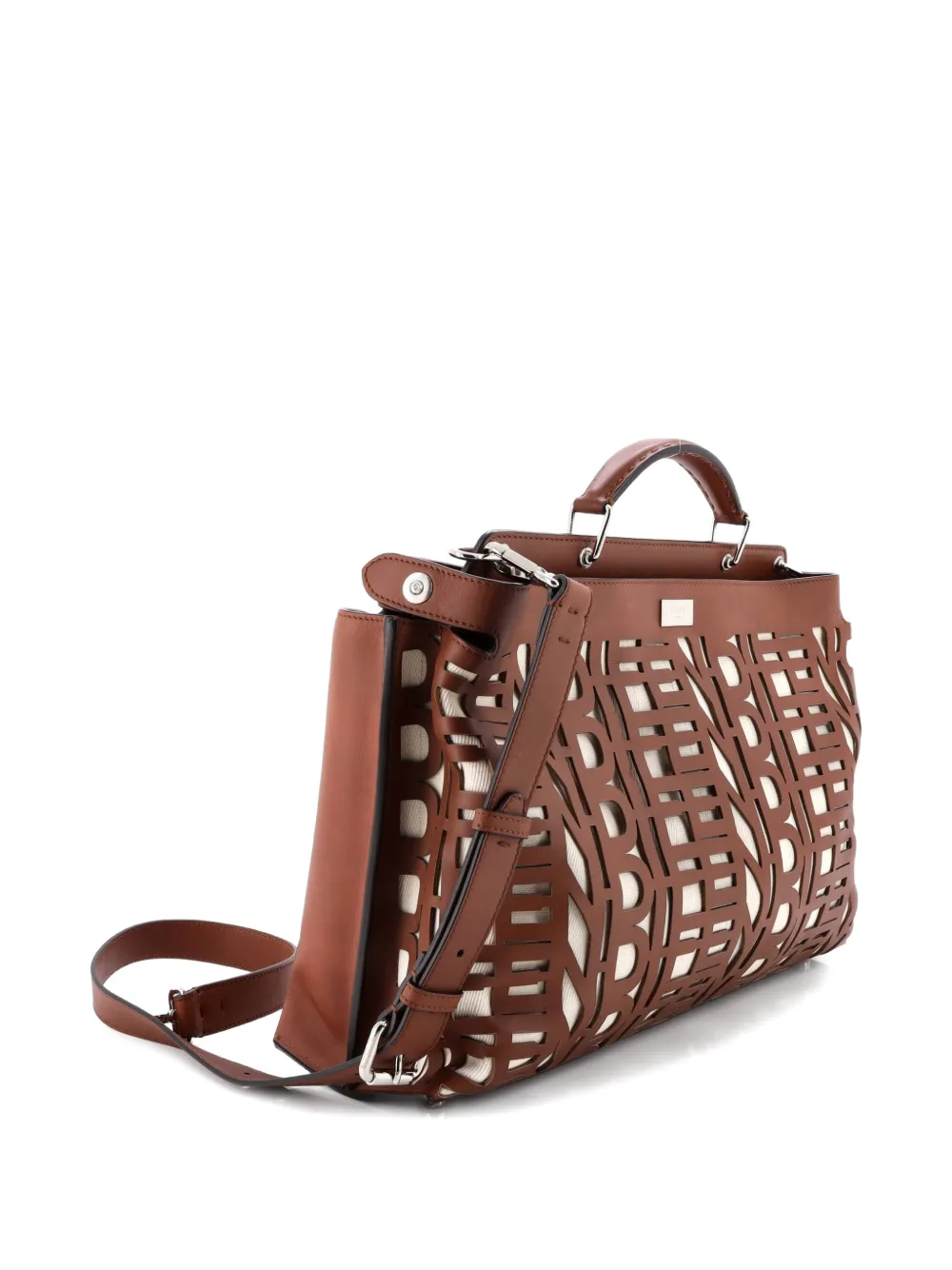  Fendi Pre-owned Peekaboo Iconic Essential Bag Laser Cut Leather And Canvas Large Satchel - Brown 