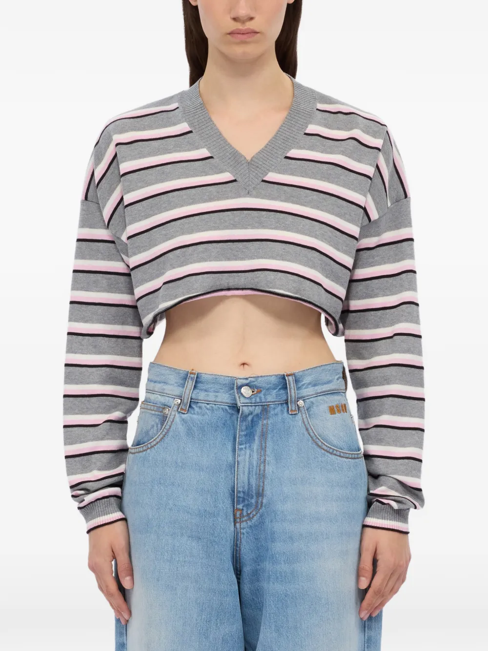  Msgm Maglione A Righe Con Scollo A V - Grigio 