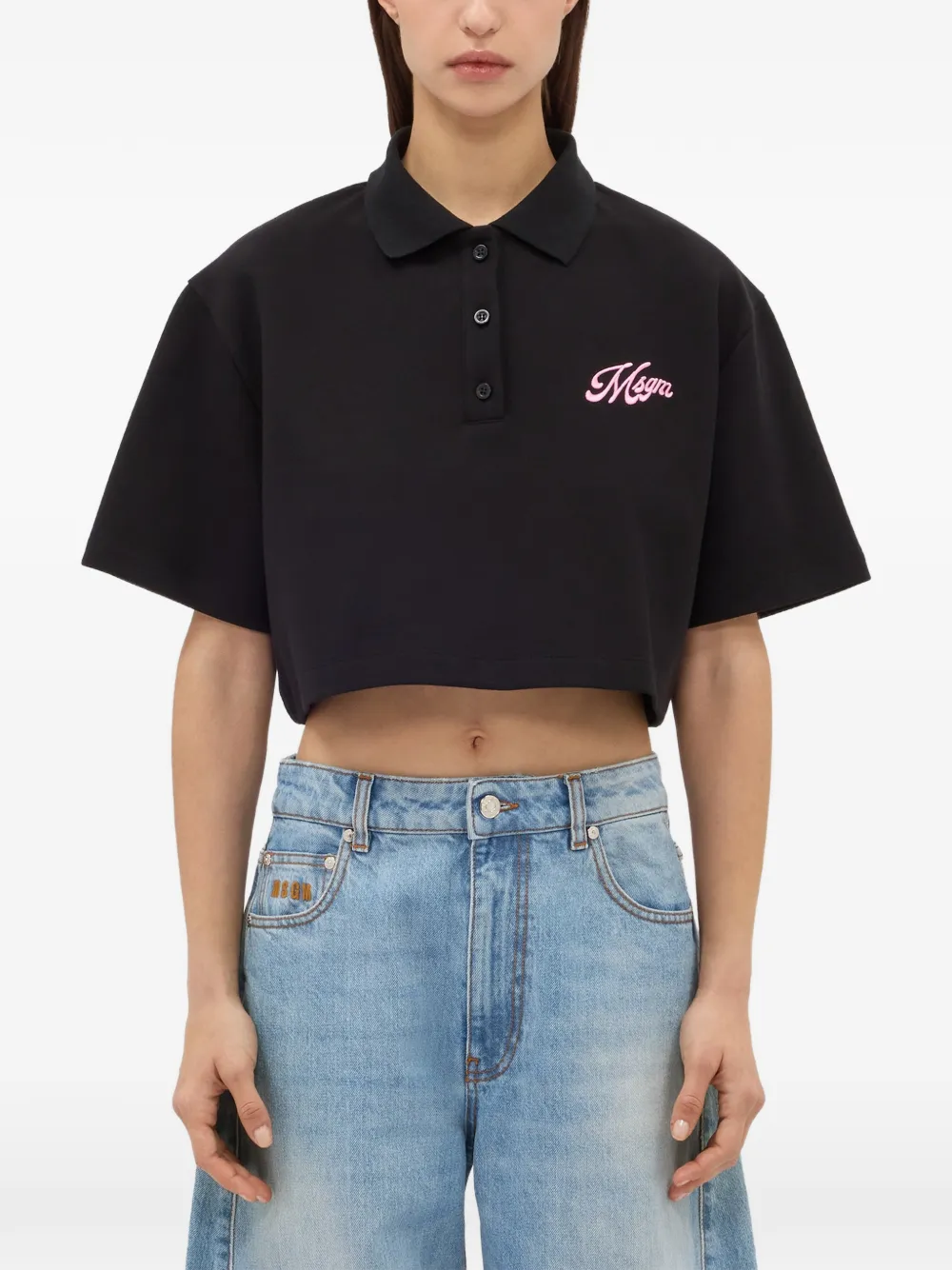  Msgm Logo Crop Polo Top - Black 