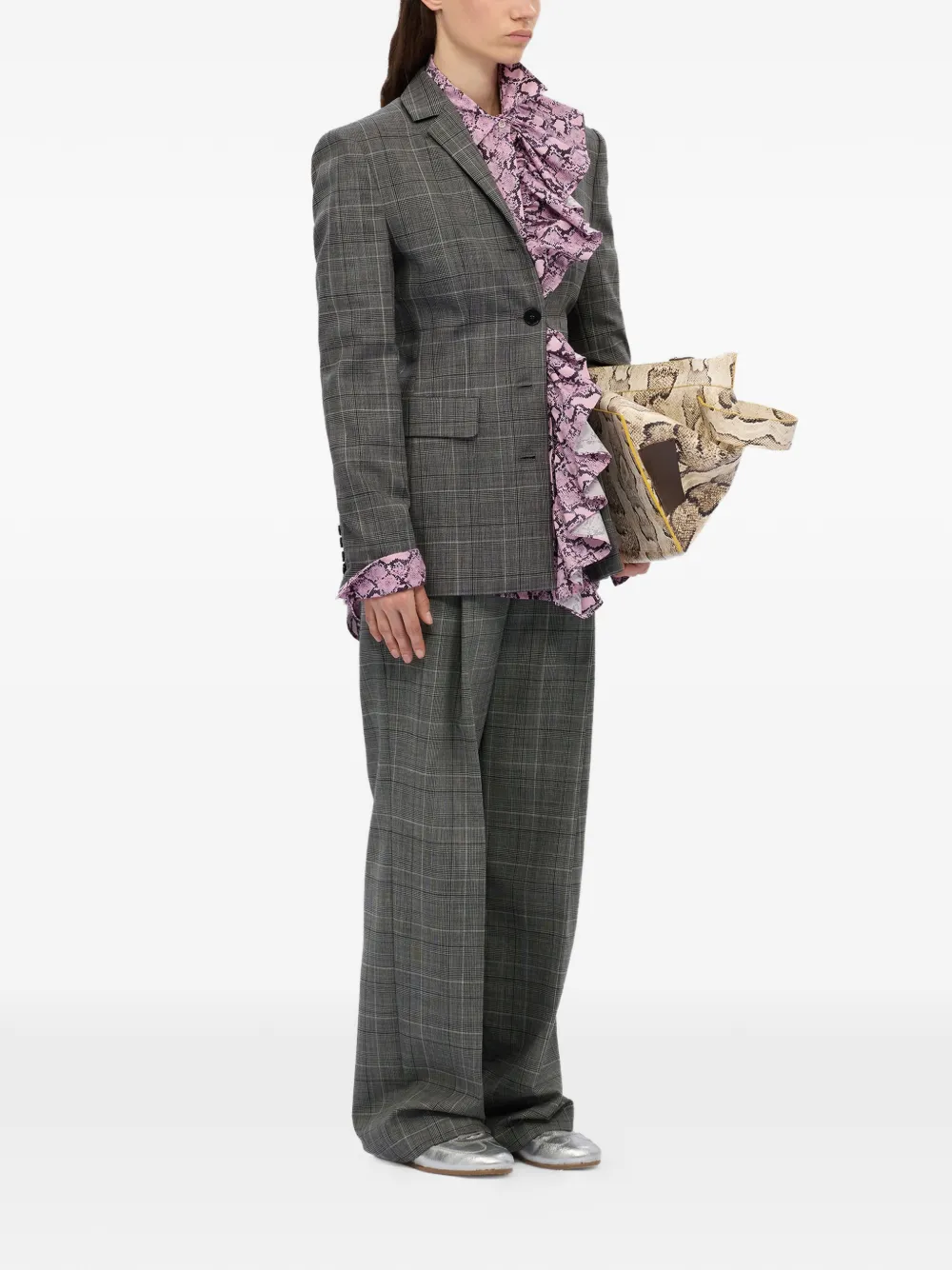 MSGM Geruite broek met wijde pijpen Grijs