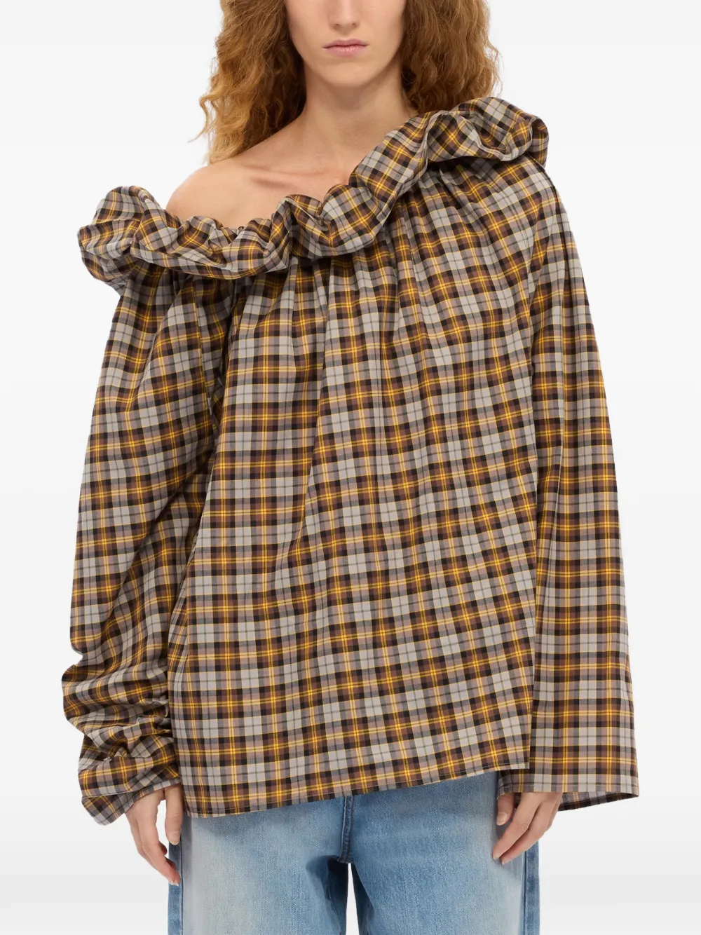 MSGM Geruite blouse met ruches Bruin